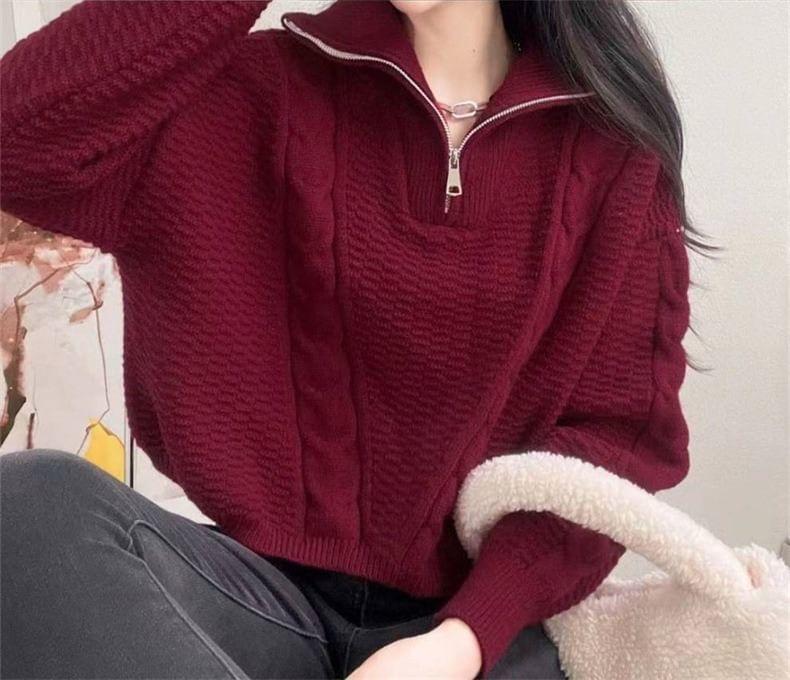 Turtleneck Half Zip Plain Cable Knit Sweater Product Image