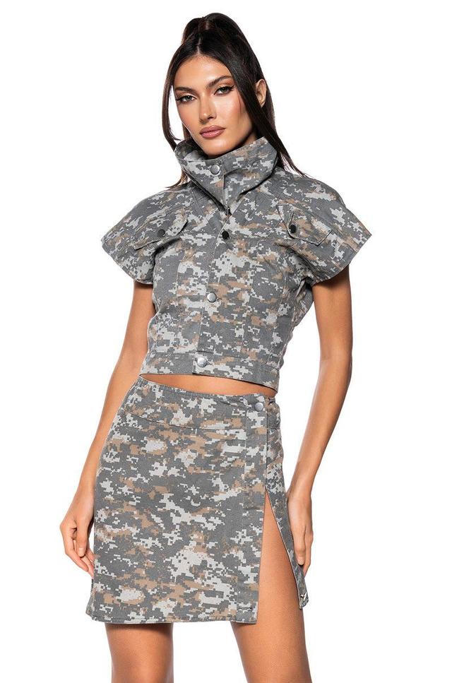 WE RIDE CAMO BUTTON DOWN AND MINI SKIRT SET IN GREY Product Image