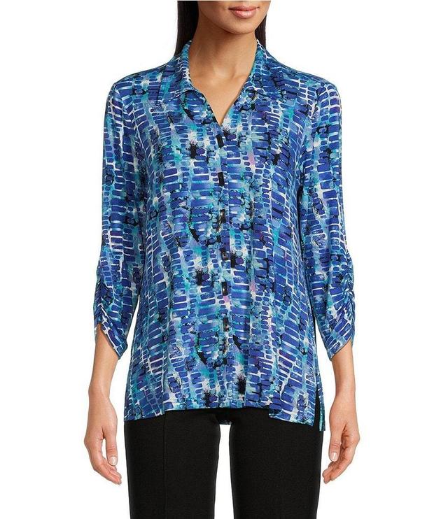 Ali Miles Stretch Tile Print Collared Neckline 3/4 Ruched Sleeve Tunic Product Image