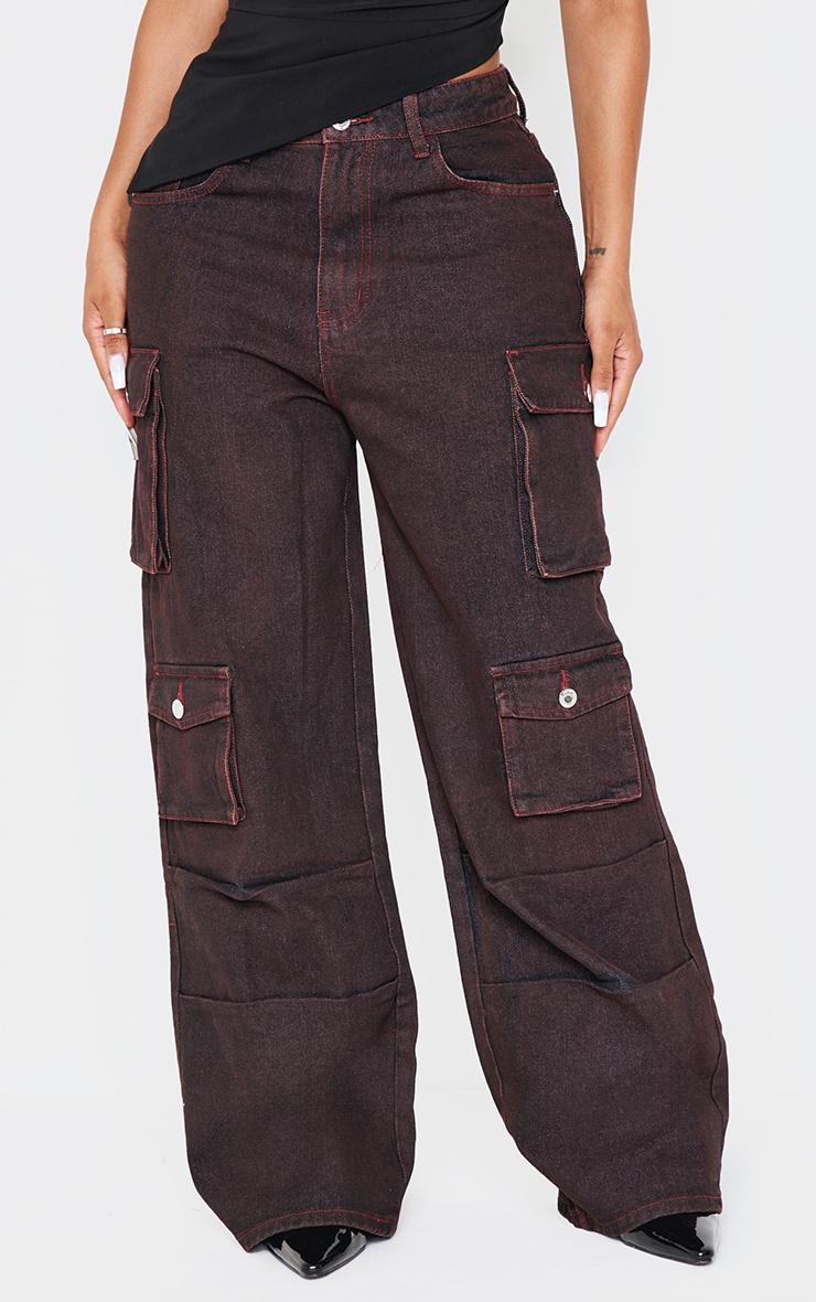 Shape Burgundy Wash Denim Pocket Detail Cargo Jeans Product Image