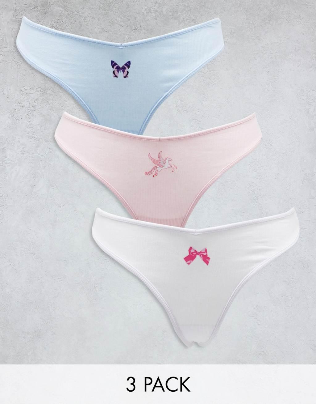 Monki 3 pack embroidery thong in pink, blue and white multi Product Image