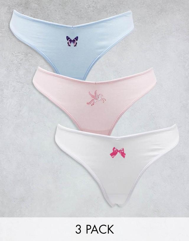 Monki 3 pack embroidery thong in pink, blue and white multi Product Image