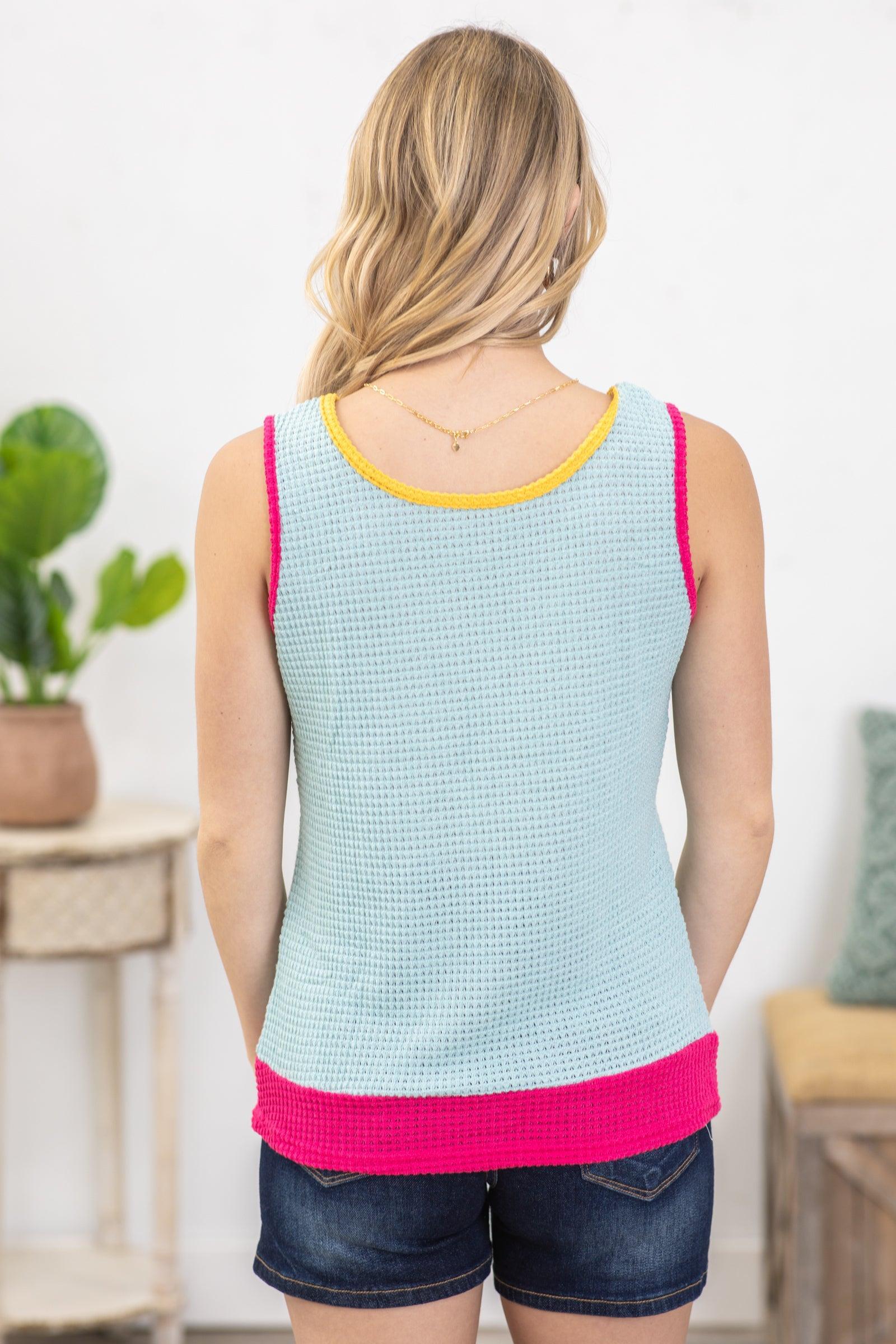 Light Blue And Hot Pink Waffle Knit Top Product Image