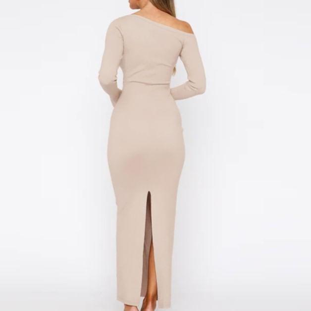 Long-Sleeve Off-Shoulder Plain Button Accent Slit Maxi Bodycon Dress Product Image