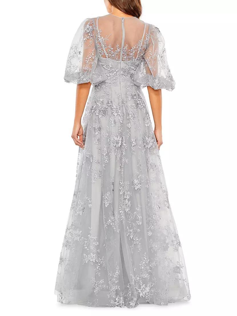 Embroidered Illusion High-Neck Puff-Sleeve A-Line Gown Product Image