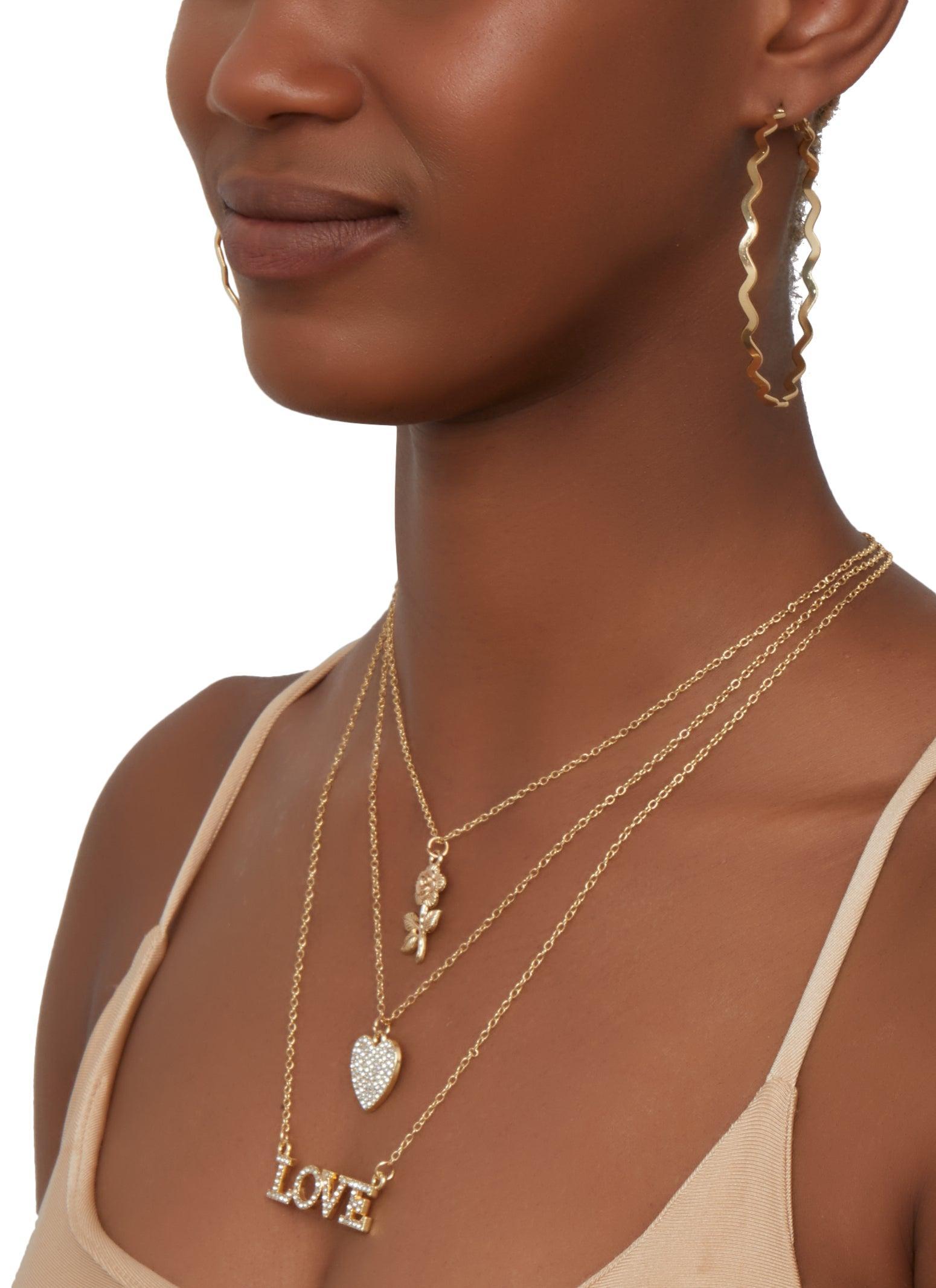 Layered Love Necklace and Hoop Earrings Set Female Product Image