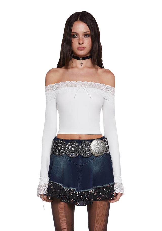 Current Mood Off The Shoulder Long Sleeve Top With Lace Trim - White Product Image