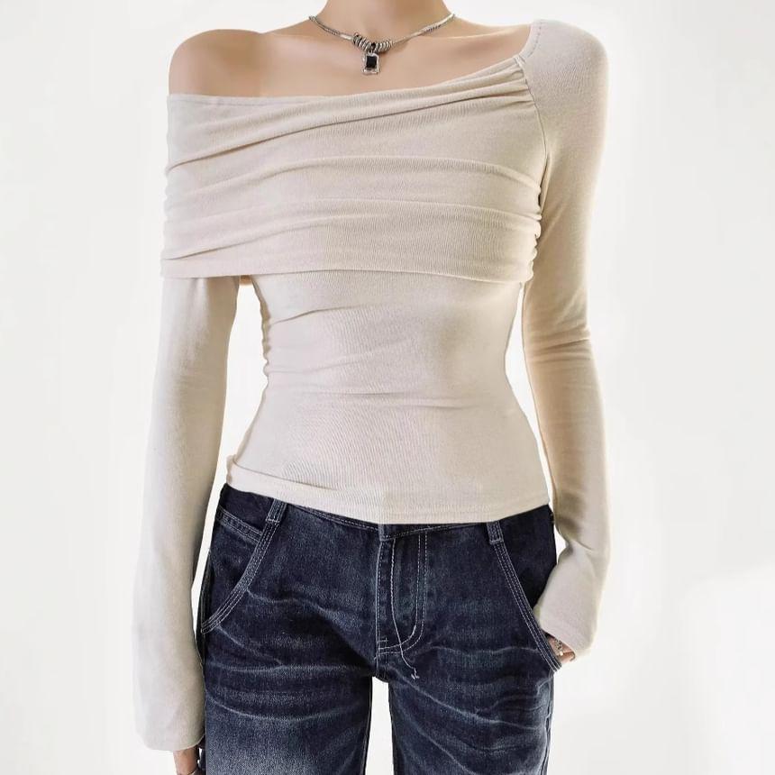 Long Sleeve Off Shoulder Plain Ruched Crop T-Shirt Product Image