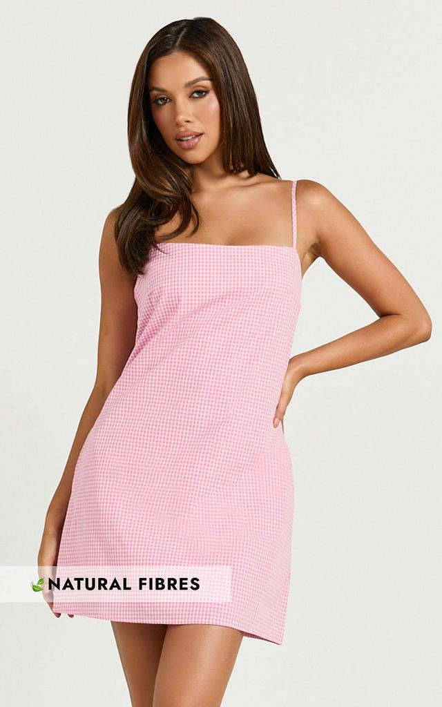 Mavie Mini Dress - Linen Strappy Shift Dress in Pink Gingham Product Image