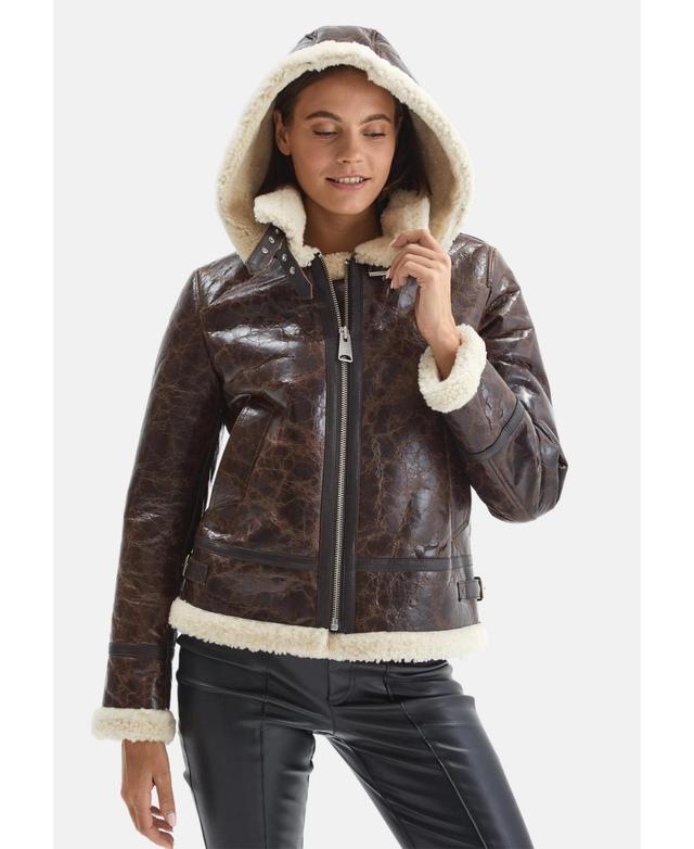 Womens Detachable Hooded Shearling Jacket, Cracked Brown with Beige Curly Wool Product Image