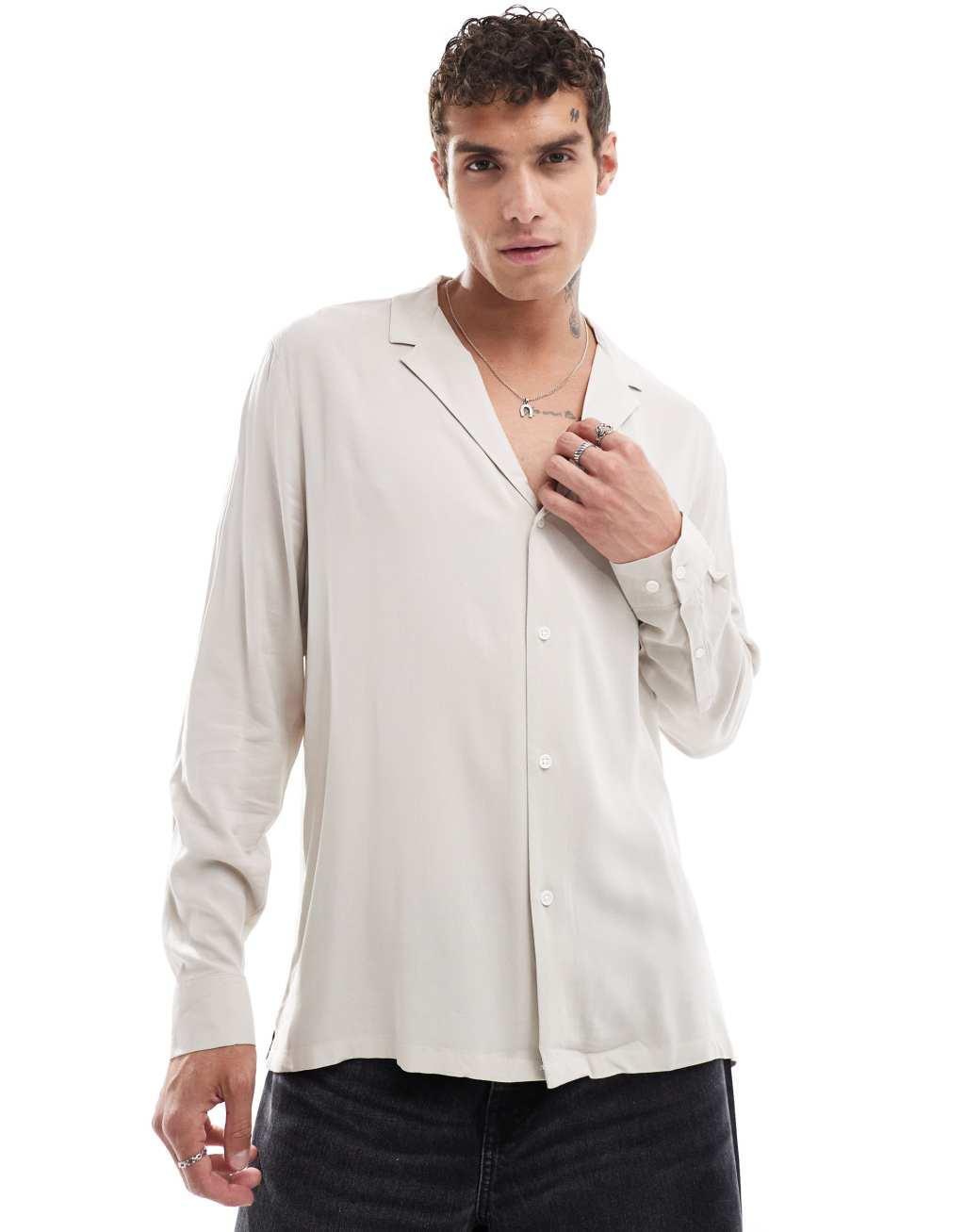 ASOS DESIGN relaxed deep revere viscose shirt in stone Product Image