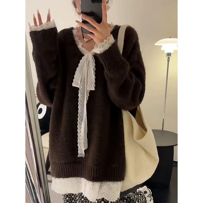 V-Neck Bow Mock Two Piece Panel Lace Sweater Product Image