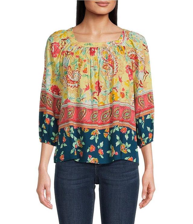 Figueroa & Flower Petite Size Printed Woven Square Neck Peasant Blouse Product Image