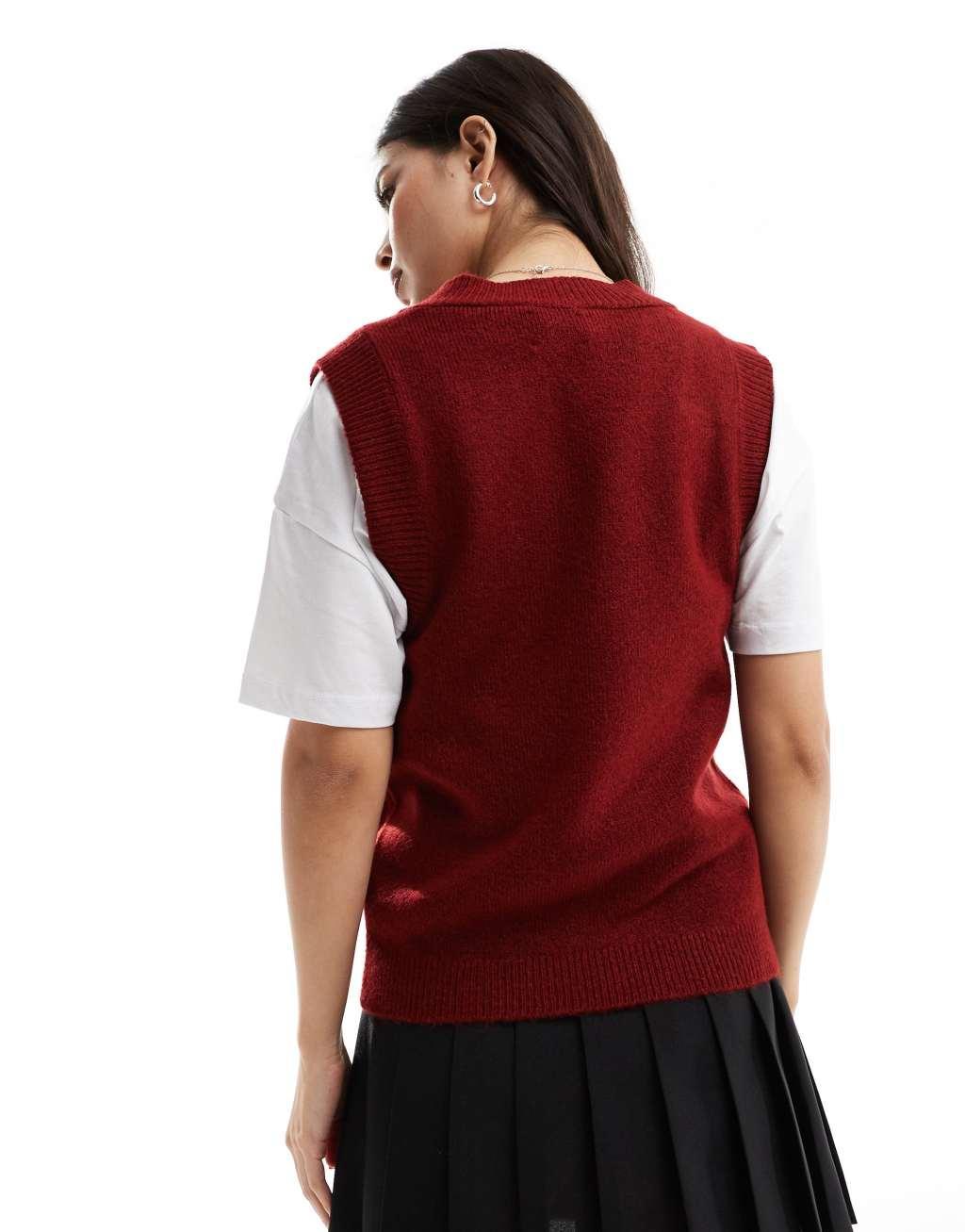 ASOS DESIGN fluffy knitted vest in burgundy Product Image