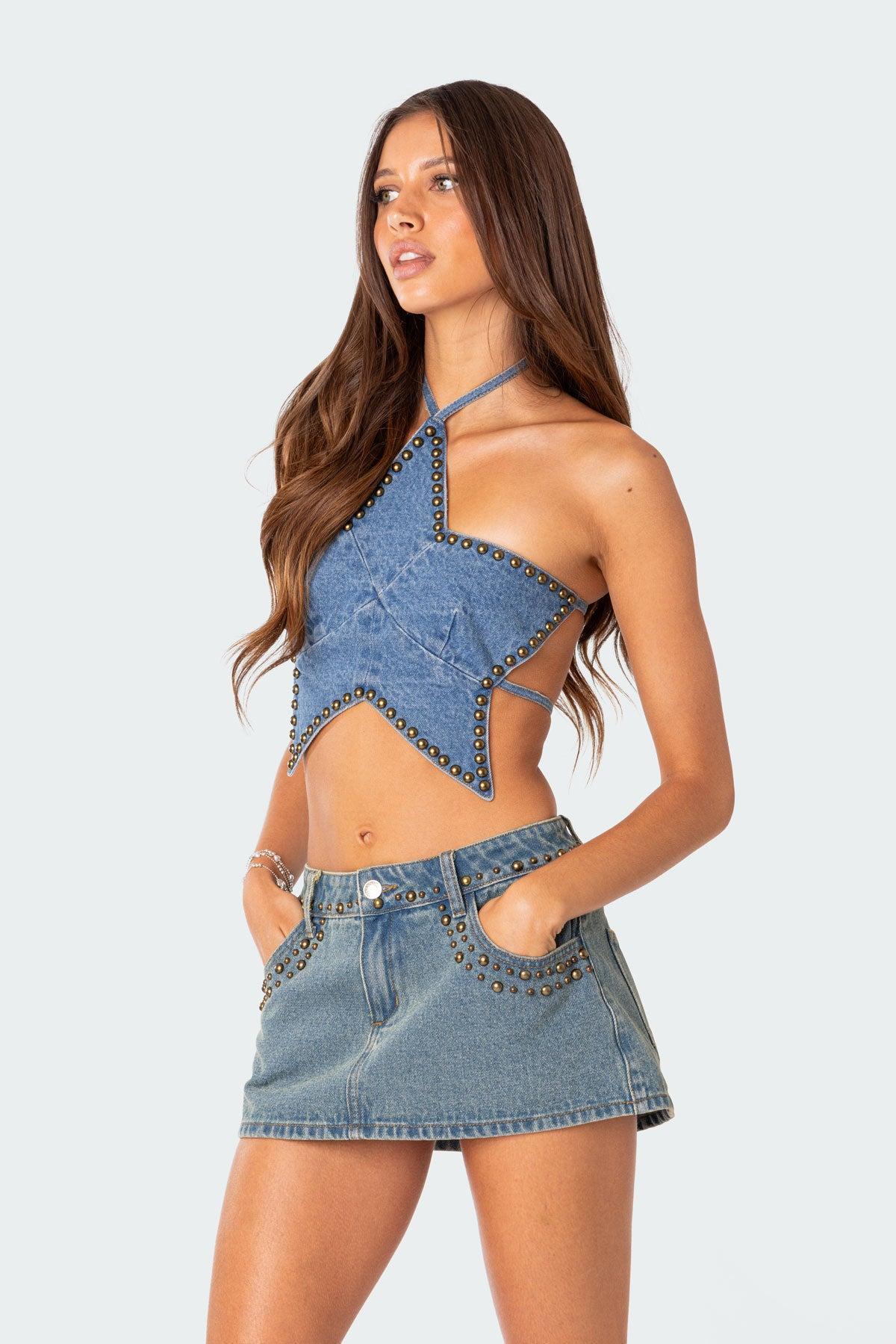 Starlet Studded Denim Crop Top Product Image