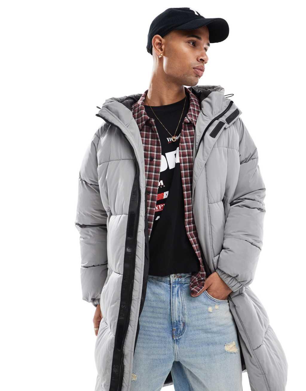 Bershka longline puffer coat in gray Product Image