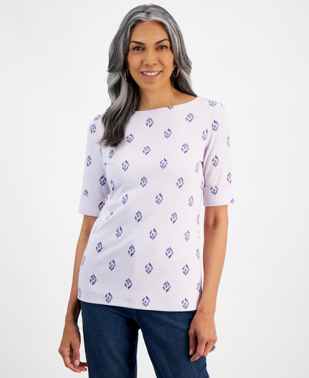 Women's Printed Boat-Neck Elbow-Sleeve Top, Created for Macy's Product Image