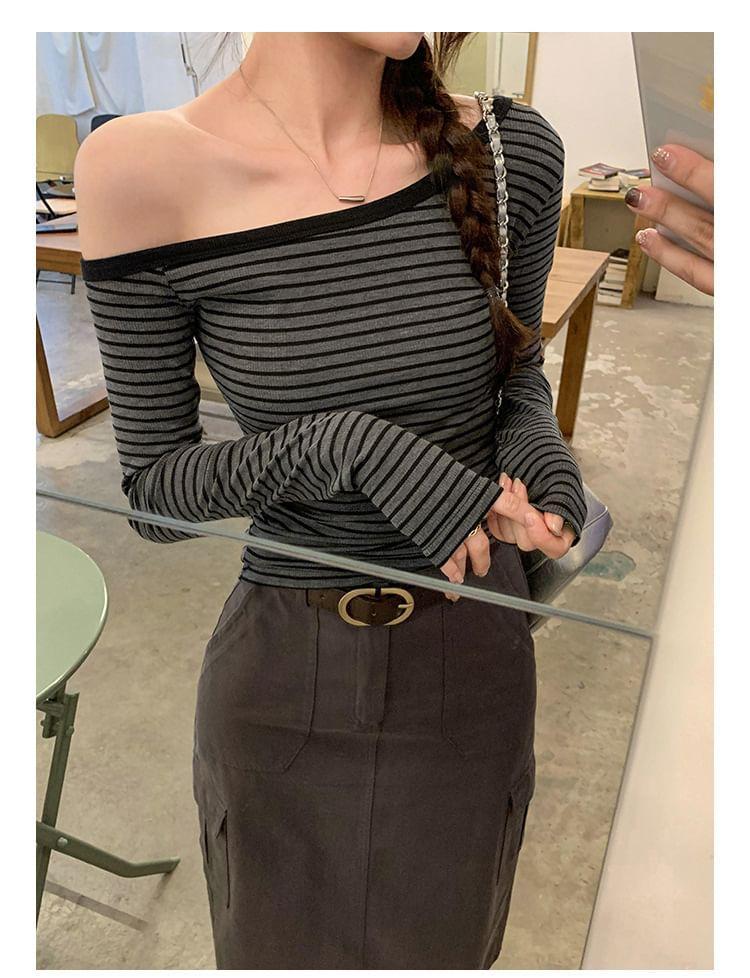 Long Sleeve One Shoulder Striped Tee Product Image