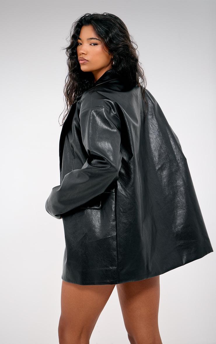  Black Faux Leather Oversized Long Blazer Product Image