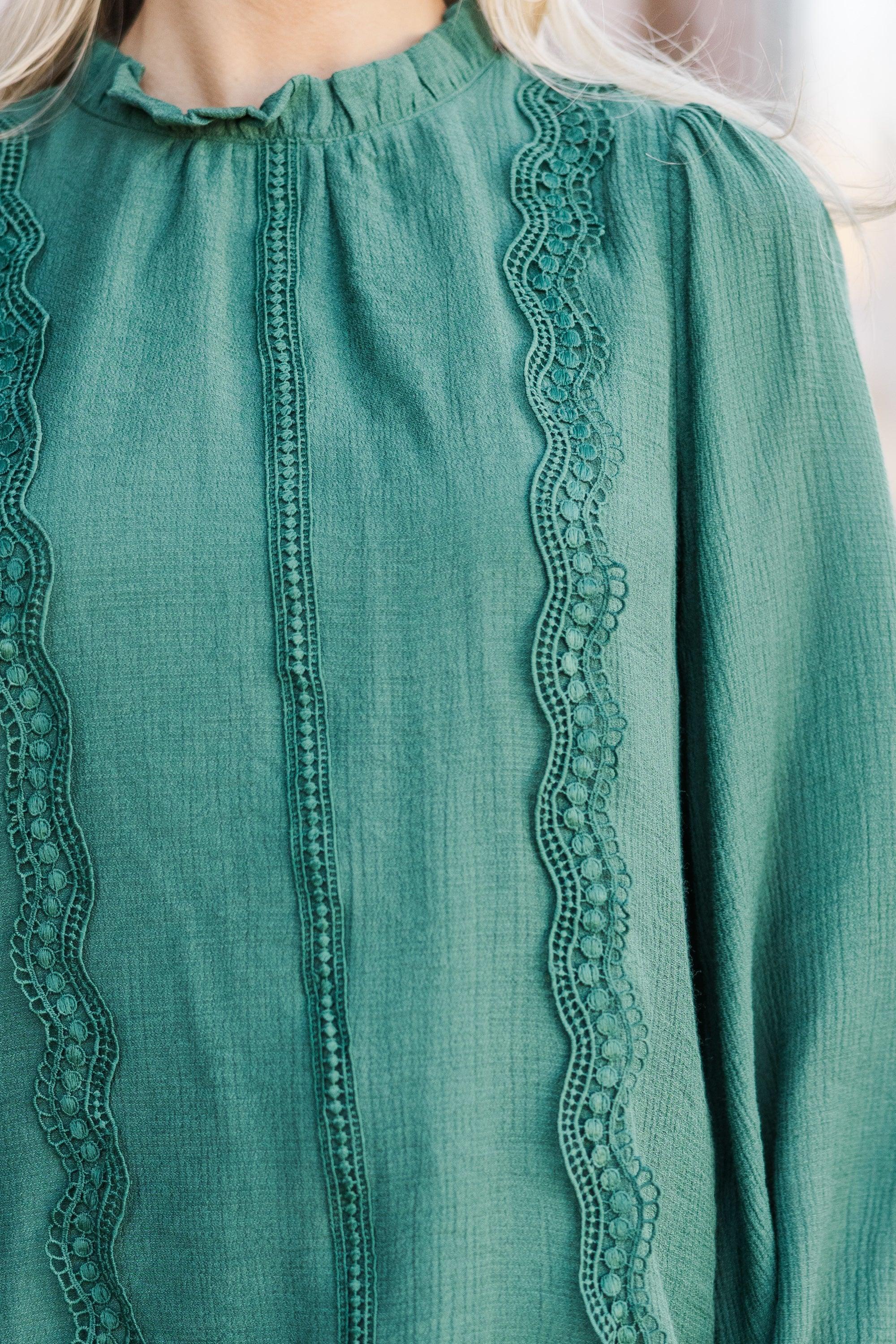 Wish You Were Here Emerald Green Crochet L/S Blouse Female Product Image