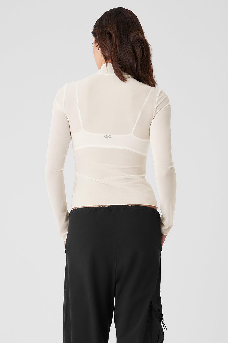 Mesh Sheer Illusion Mock Neck Long Sleeve - Ivory Female Product Image