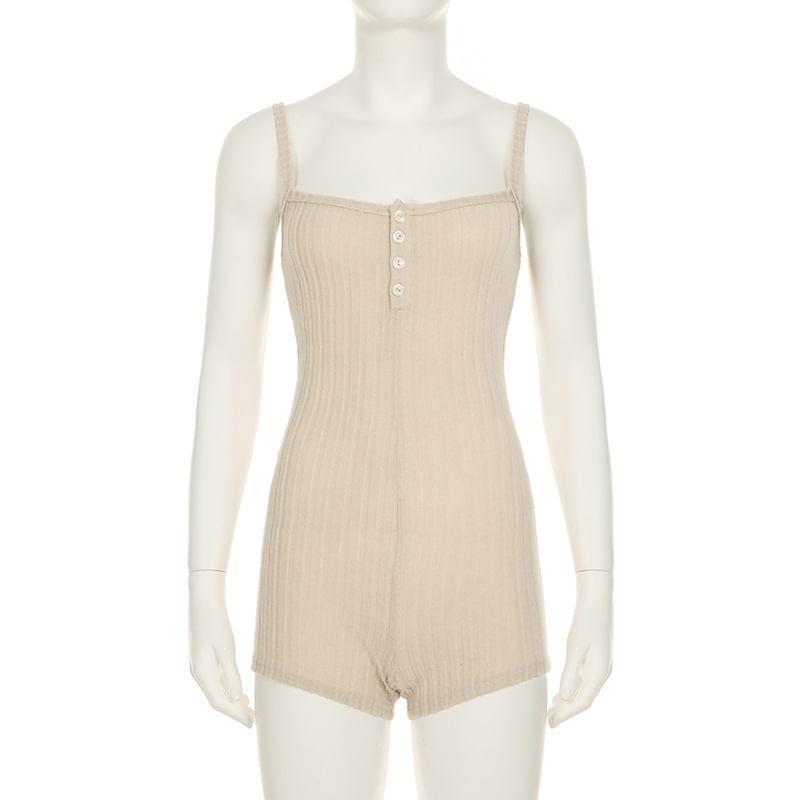 Spaghetti Strap Plain Ribbed Button Up Romper Product Image