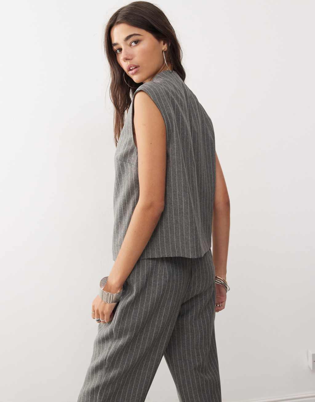 COLLUSION sleeveless clean zip through shirt in charcoal pinstripe - part of a set Product Image