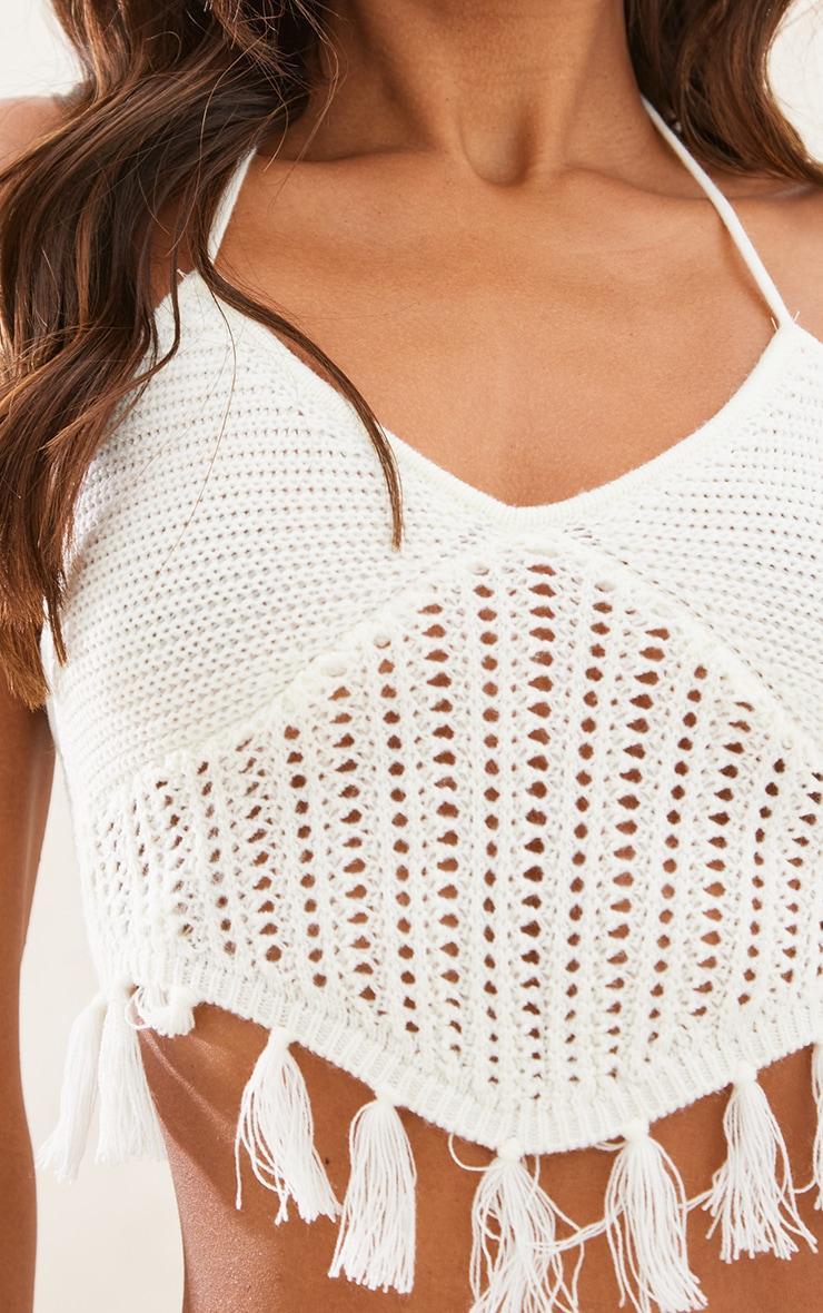 Cream Tassel Crochet Knit Top Product Image