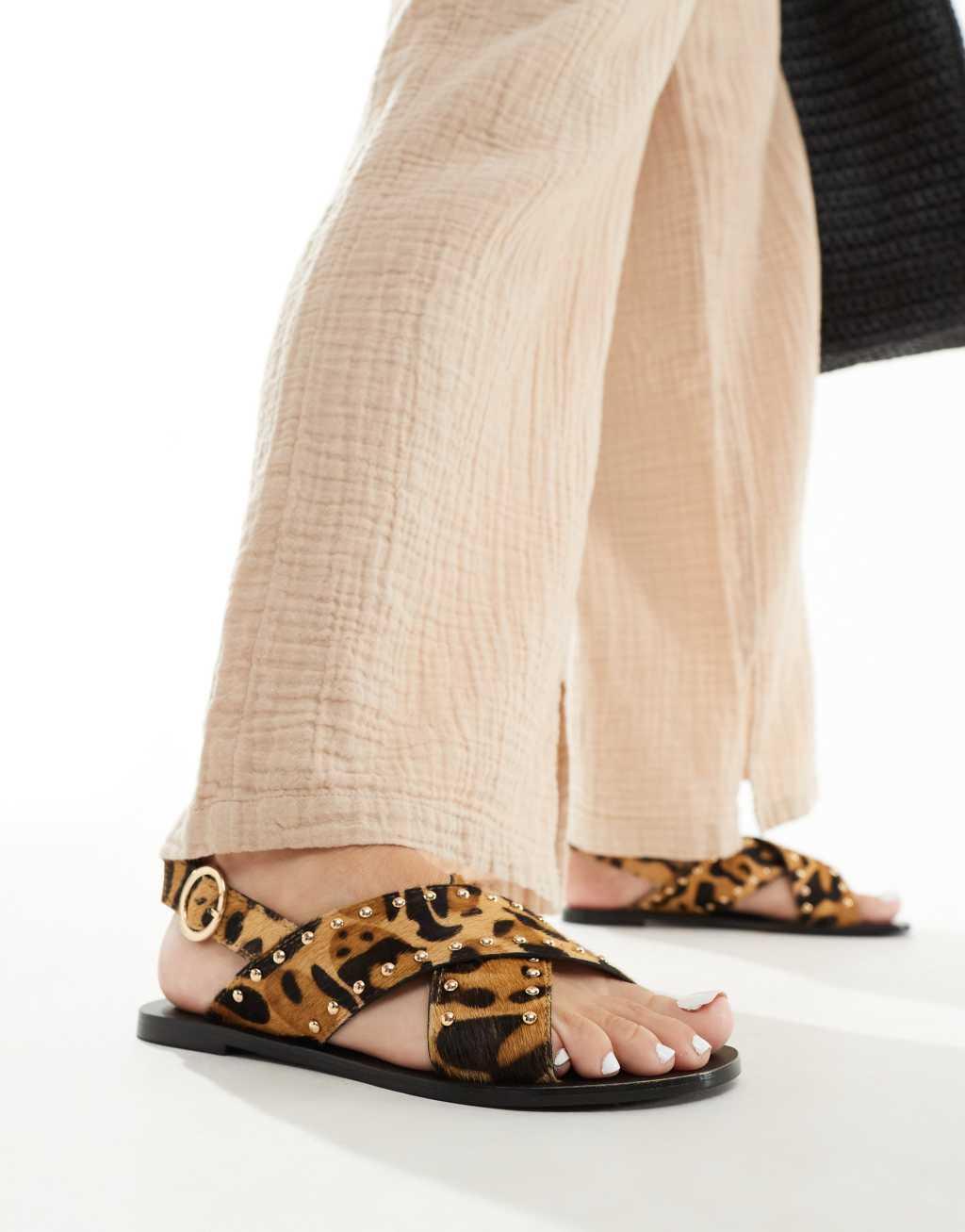 ASOS DESIGN Feast studded leather sandals in leopard pony Product Image