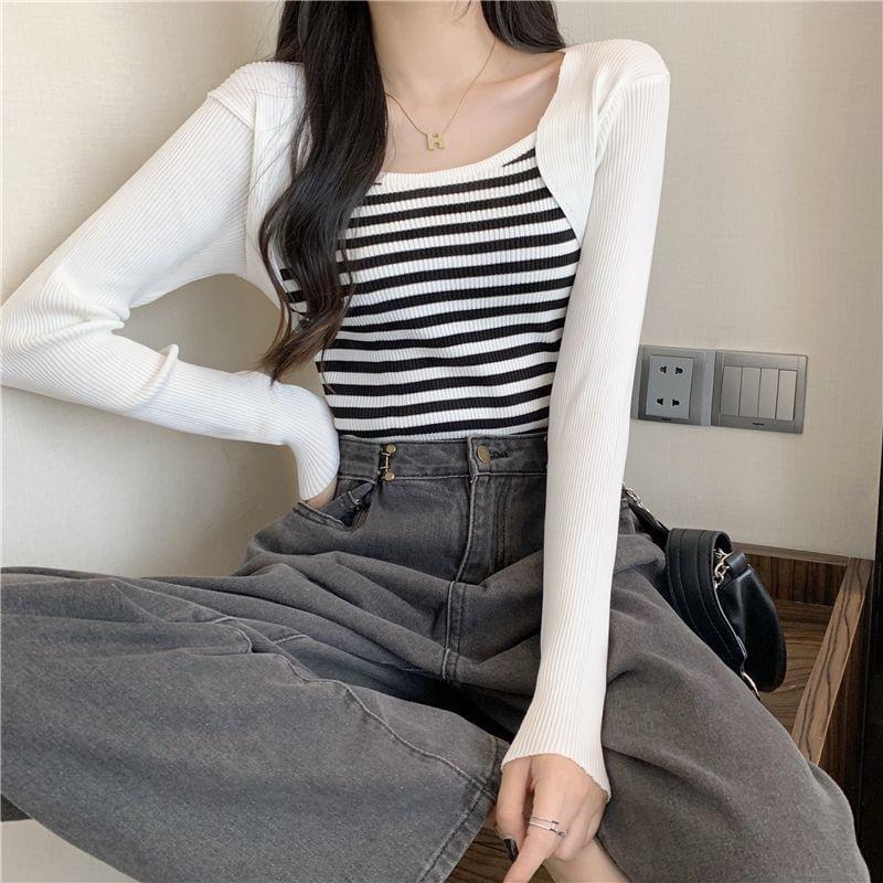 Square Neck Striped Panel Cropped Sweater Product Image