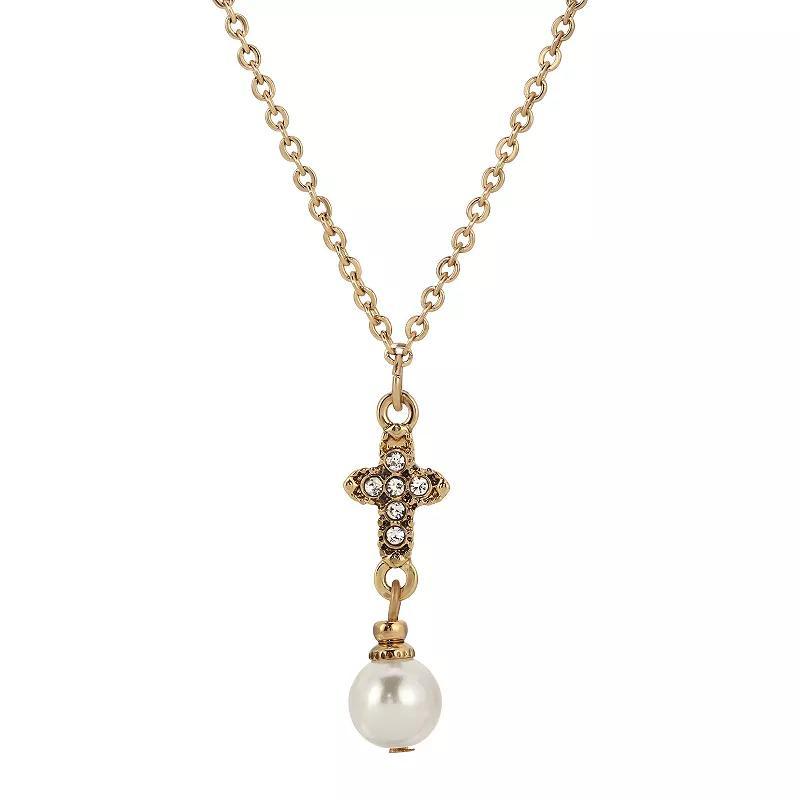 Symbols of Faith Gold Tone Crystal & Simulated Pearl Cross Y-Necklace, Womens, White Product Image