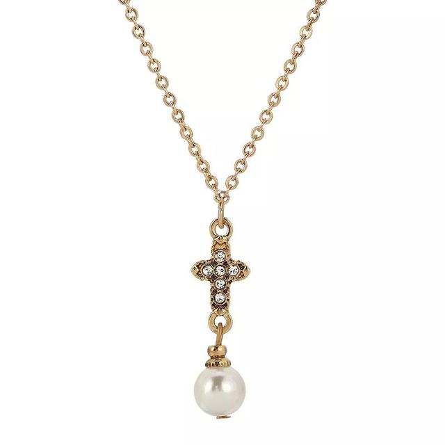 Symbols of Faith Gold Tone Crystal & Simulated Pearl Cross Y-Necklace, Womens, White Product Image