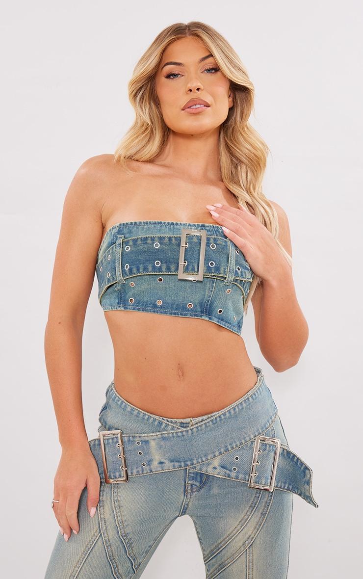 Vintage Wash Green Tint Belt Detail Denim Bandeau Crop Top Product Image