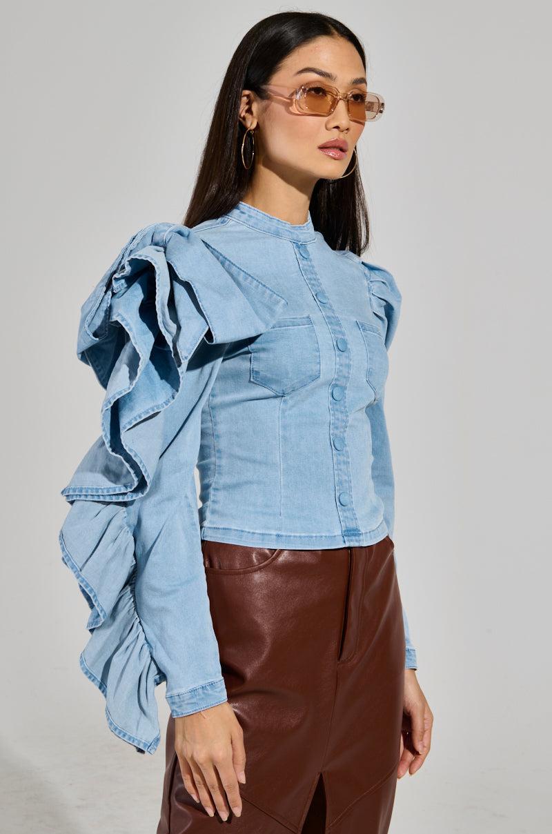 SEIZE THE DAY LONG SLEEVE FLOUNCE DENIM TOP Product Image