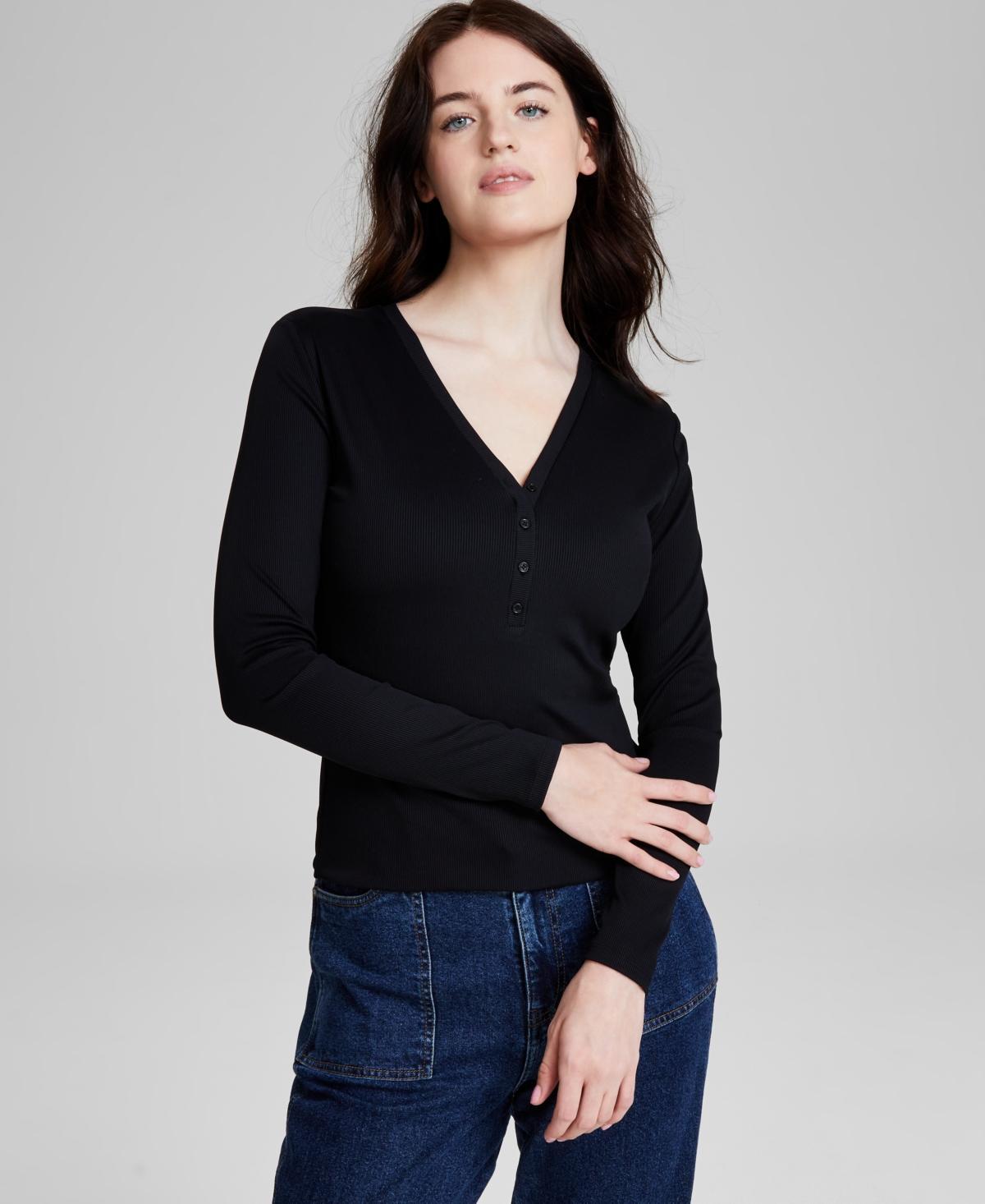 And Now This Womens Ribbed Henley-Neck Long-Sleeve Top, Created for Macys Product Image