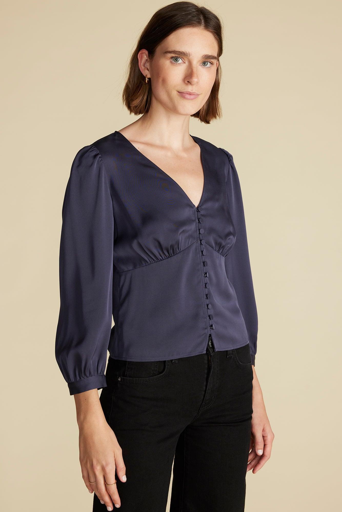 Aurelie Stretch Silk Bustier Blouse - Night Sky Blue Product Image