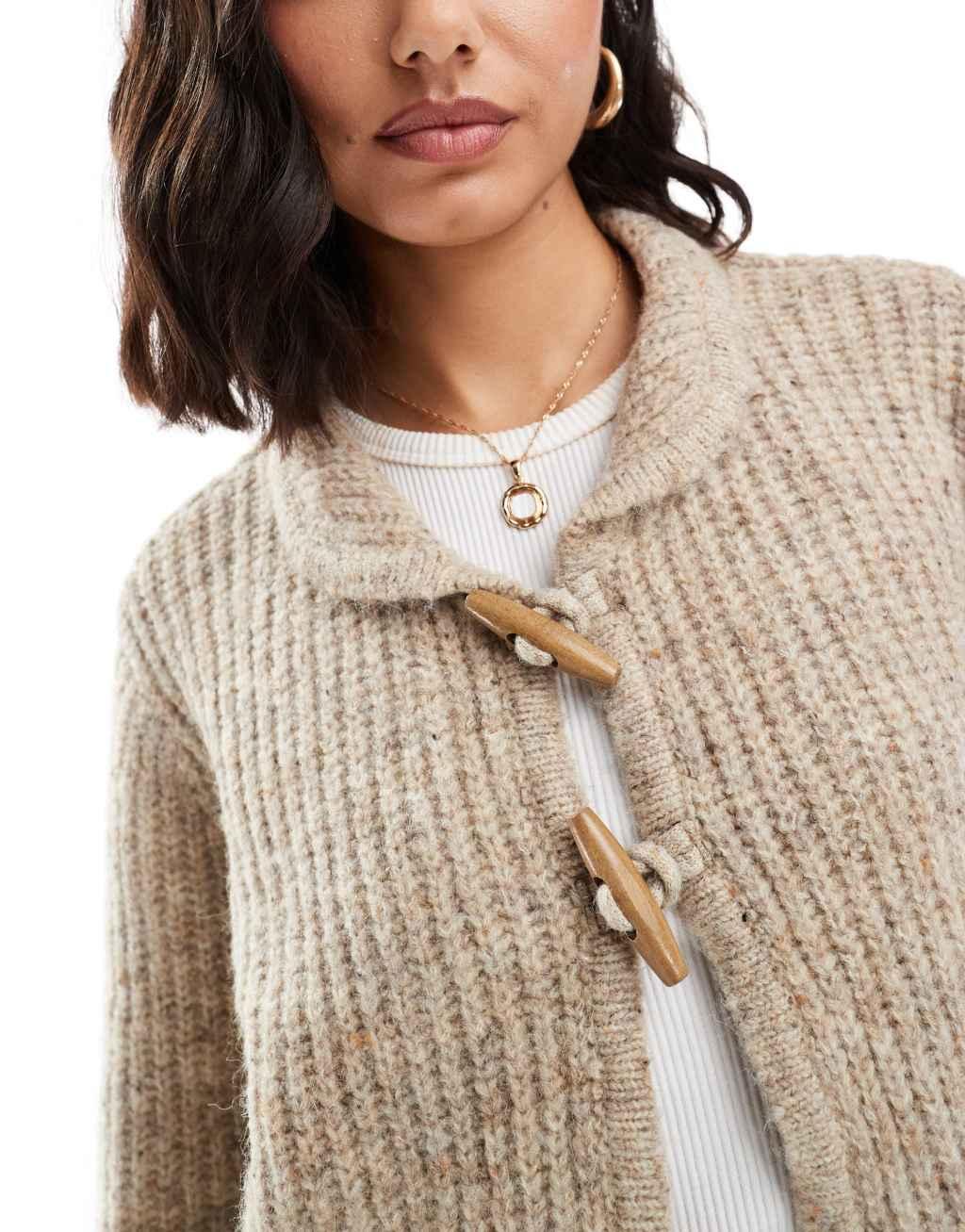 Vero Moda knit heavyweight toggle cardigan in oatmeal Product Image