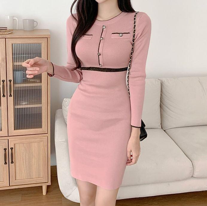 Long Sleeve Round Neck Plain Contrast Trim Button Mini Bodycon Dress Product Image