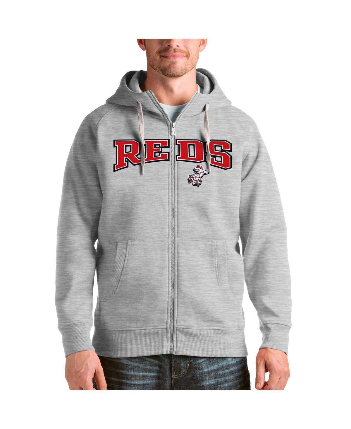 Antigua Mens Heather Gray Cincinnati Reds Team Logo Victory Full-Zip Hoodie Product Image