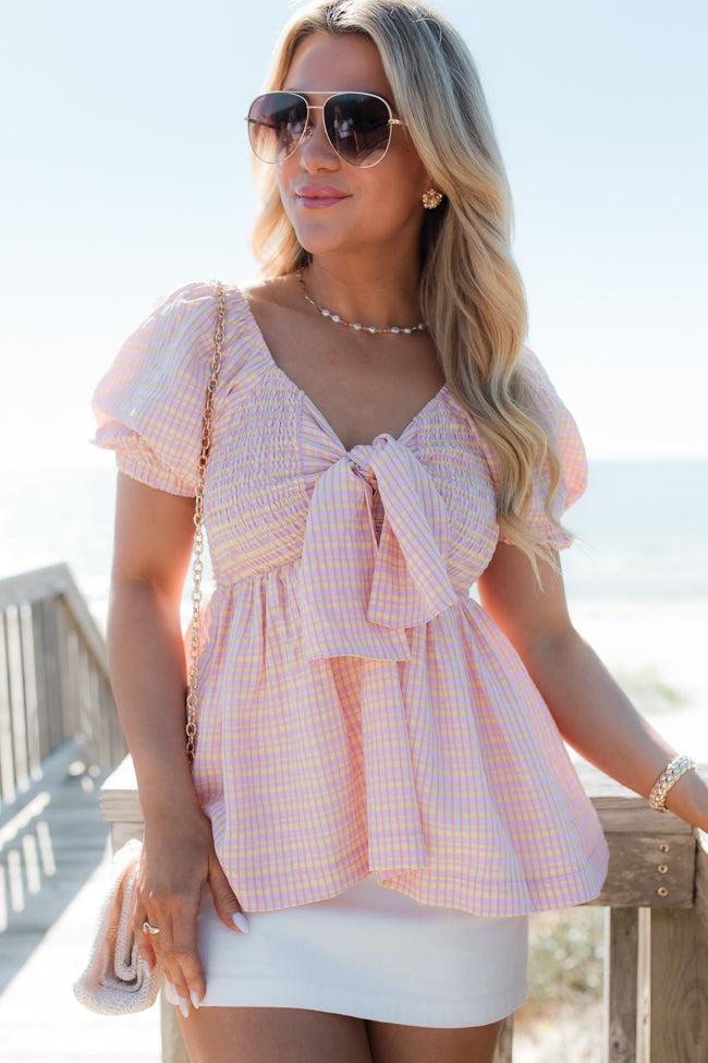 Fresh Beginnings Pink Plaid Smocked Bust Top Product Image