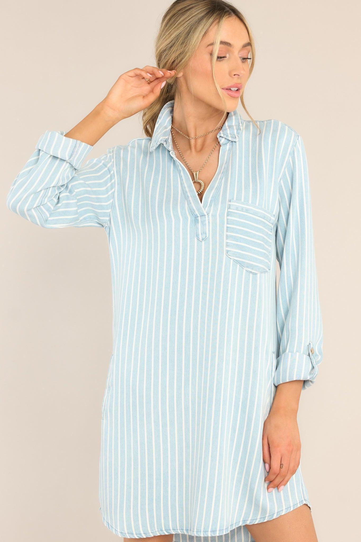 Hurrying Along Chambray Striped Shirt Dress Light Blue Product Image