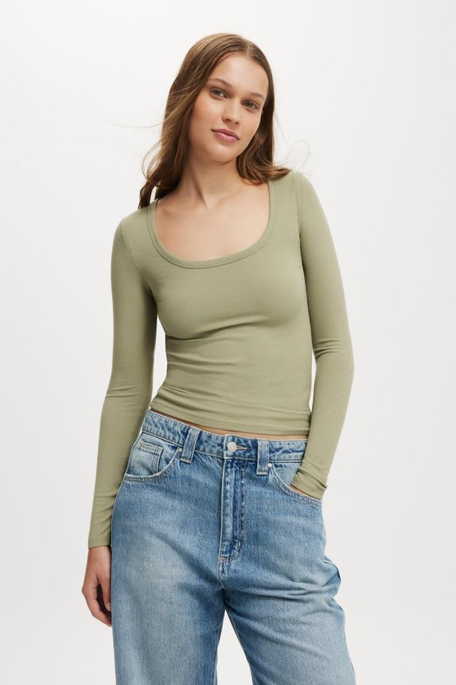 Cotton On Women - Staple Rib Scoop Neck Long Sleeve Top - Artichoke Product Image