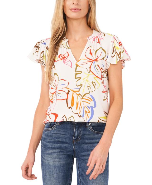 CeCe Womens Flutter Sleeve V-Neck Printed Blouse Product Image