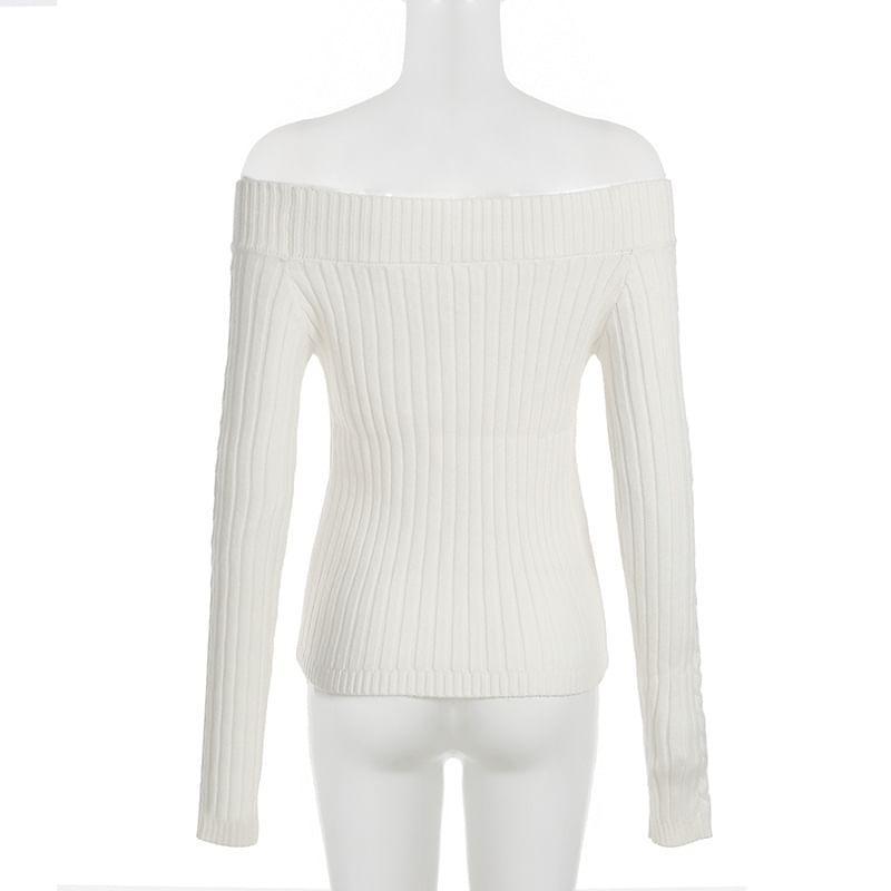 Off Shoulder Plain Cable Knit Cropped Sweater Product Image