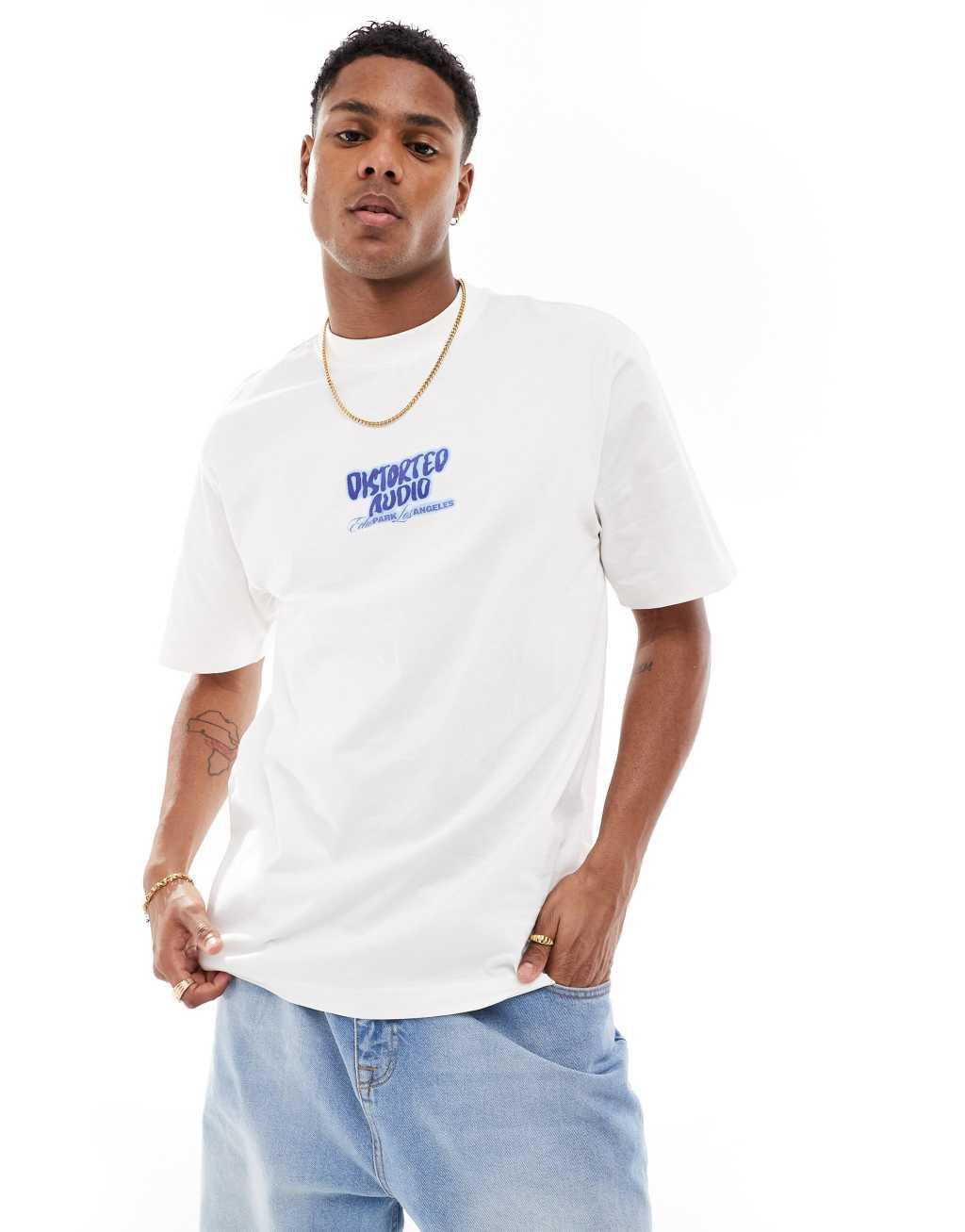 Only & Sons relaxed fit T-shirt with distorted back print in white Product Image