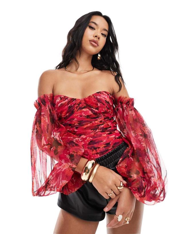 Lace & Beads balloon sleeve ruched bodysuit in red floral Product Image