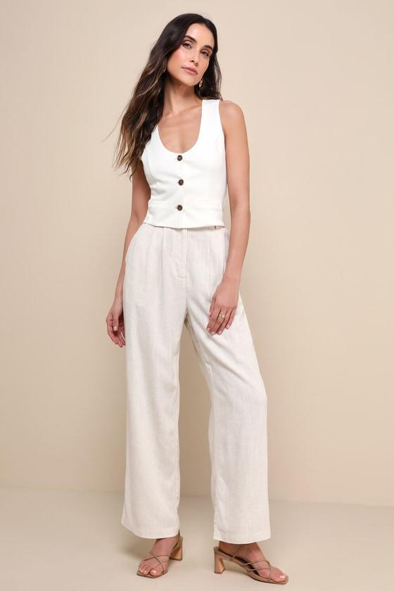 Relaxed Darling Beige Linen High-Waisted Trouser Pants Product Image