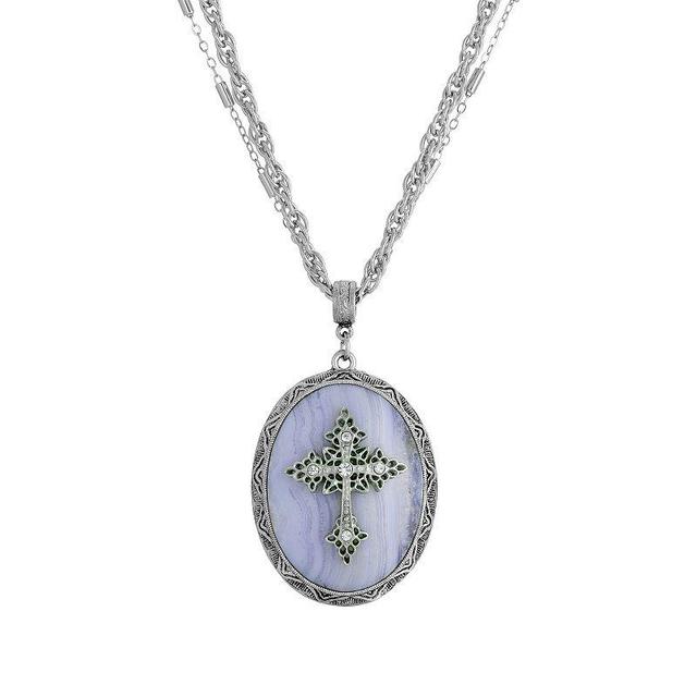 Symbols Of Faith Silver Tone Crystal Cross Cameo Double-Strand Pendant Necklace, Womens, Blue Product Image