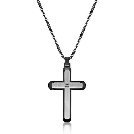 Men's Quad Black Diamond Accent Layered Cross Pendant in Stainless Steel and Black IP - 24" Product Image