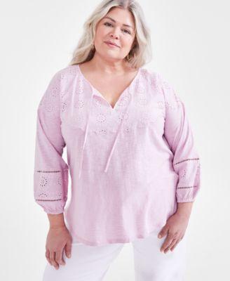 Plus Size Embroidered Eyelet-Trim Top, Created for Macy's Product Image